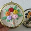 flower bouquet embroidered compact mirror, exquisite hand embroidery, sturdy handheld mirror, foldable design, handcrafted product