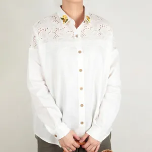 lace linen shirt with floral embroidered collar, breathable linen material, delicate embroidered flower patterns, enticing lace patterns