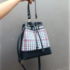 bucket bag from pu leather and canvas fabric, unique plaid pattern, compact size, suitable for short trips