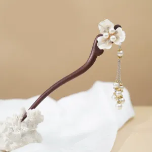 flower tassel wooden hair stick, meticulously handcrafted, soft and elegant lines, high durability, sophisticated hair accessory