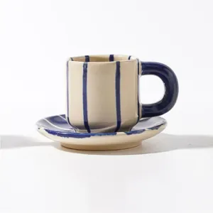 bộ ly espresso gốm sứ sọc xanh và đĩa lót, tu hú ceramics, chus