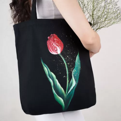 túi tote vẽ tay hoa hồng & tulip, túi tote handmade, túi vải canvas, túi tote size lớn, màu phối đen đỏ nổi bật, handmade, ori handicraft, chus