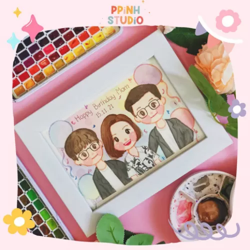 personalised chibi portrait with wooden frame, cute drawing style, ideal gift for lovers and friends