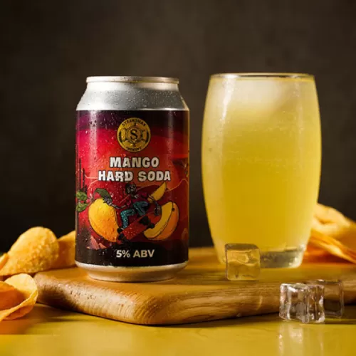 mango hard soda, alcoholic soft drink, imported ingredients, a mix of sweet and sour flavors, tropical richness