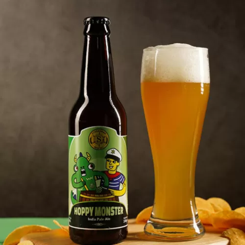 hoppy monster india pale ale, craft beer, distinctive flavor, with refreshing citrusy hops, sweet and easy to drink