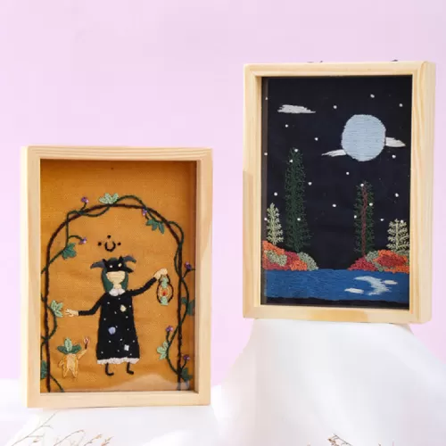 hand embroidery frame mysterious night, unique color palette, mystical style, exquisite hand embroidery quality
