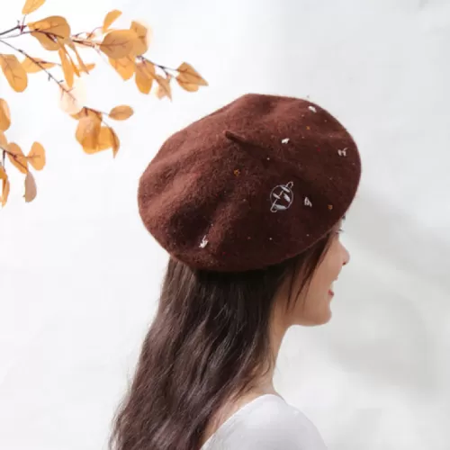 embroidered beret, special round design, structured corduroy material, diverse hand-embroidered patterns, fashion accessory