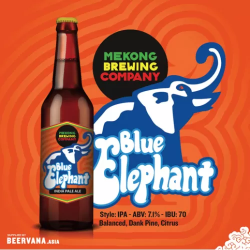 bia craft mekong blue elephant, chỉ số ibu cao, màu nâu sẫm và lớp bọt dày, hương gỗ thông và cam chanh, hương vị phong phú