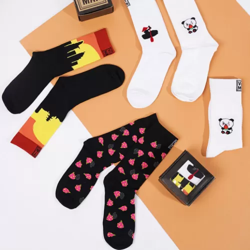 2 pair of crew-cut socks set, socks with patterns, unisex socks, high-cut socks, cute patterned socks, thick socks