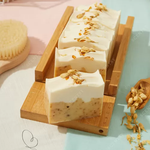 jasmine and colostrum rice bran handmade soap, gentle fragrance, paraben-free, not tested on animals, nourishes and softens the skin