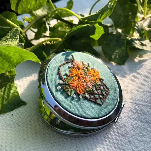 teal embroidered linen hand mirror, mini round mirror, fabric color and embroidery pattern customizable