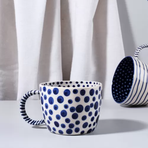 blue dot ceramic cup, made of bat trang ceramic, high aesthetic value, skilled artisans, product of vietnamese ceramic industry