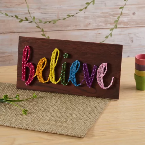 “believe”, string art frame with oak wood panel, home decorations, handmade nail art, gifts for friends