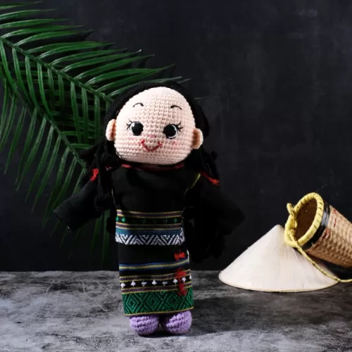 rhade hana crochet doll with vietnamese ethnic bamboo basket, traditional style wool doll, comfortable material, adorable gift