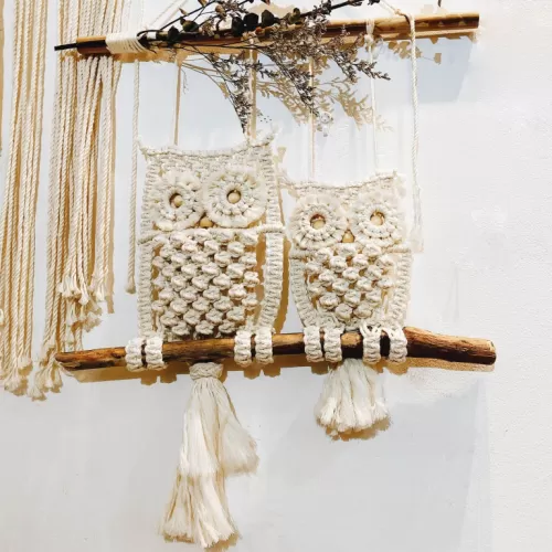 macrame owl, eye-catching decor, durable material, suitable for various styles, handcrafted product, gift idea