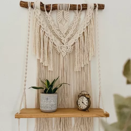 two-tier macrame wall hanging shelf, vintage-inspired, high durability, elegant and unique design, suitable for various spaces