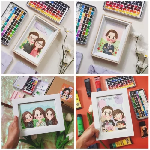 small custom chibi portrait with wood frame, safe material, handcrafted item, designed product, meaningful gift