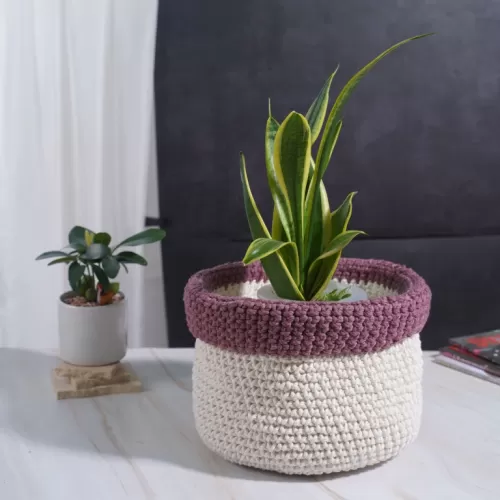 white with purple border crochet cotton basket, subtle and elegant color, sturdy and durable handmade basket, long-term use