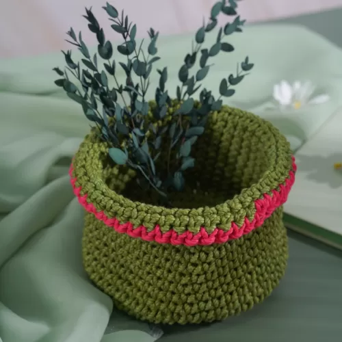 green and deep pink border crochet cotton basket, exquisite color combination, versatile handmade basket, durable and sturdy