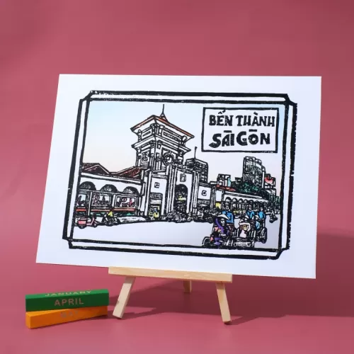 ben thanh market, woodcut artprint, familiar saigon landscape, vietnamese scenery, digital print artistry