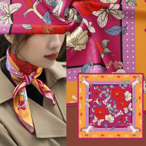 cheerful grace silk scarf, silk necktie scarf, vibrant color silk scarf, versatile silk scarf, denim scarf tie