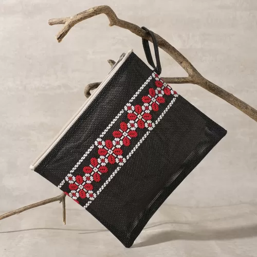 black clutch with embroidered red petals, premium black textilene material, stylish design, elegant style