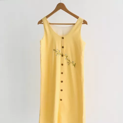linen button dress with floral embroidery, youthful and feminine style, bright and colorfast colors, lightweight material