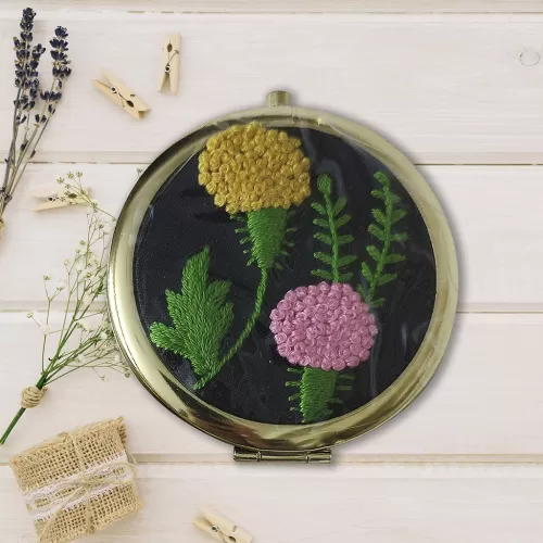 flower cluster embroidered compact mirror, random color, handcrafted embroidery, delicate floral patterns, vintage style