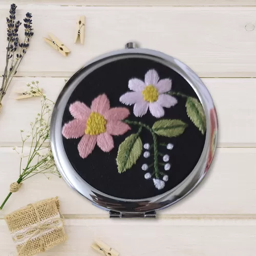 purple flowers embroidered compact mirror, handcrafted product, exquisite hand embroidery, compact and sturdy, feminine accent
