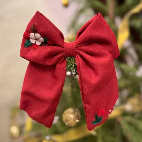 cotton flowers embroidered linen bow hair tie, wine red color, perfect for christmas photoshoots, sweet and feminine style