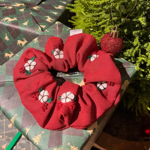 cotton flowers embroidered linen bow tie scrunchie, cute wrist accessory, flattering red tone, feminine and lovely style