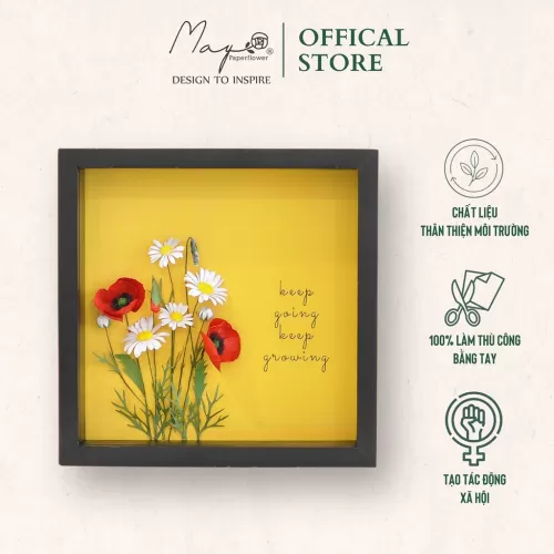 Handmade Paper Flower Painting - Poppy Garden MAYPAPERFLOWER With 25x25cm Wooden Frame