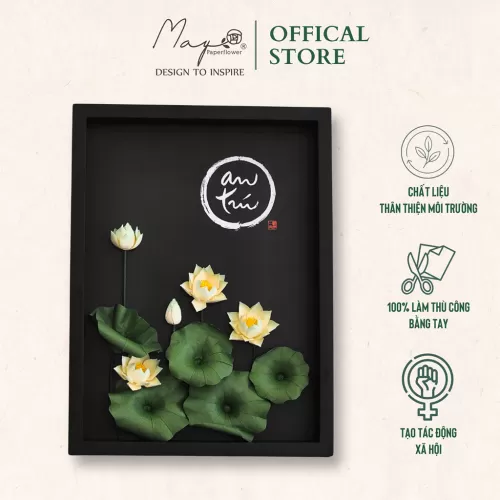 Handmade Paper Flower Painting - Lotus With Calligraphy MAYPAPERFLOWER 30x40cm Wooden Frame