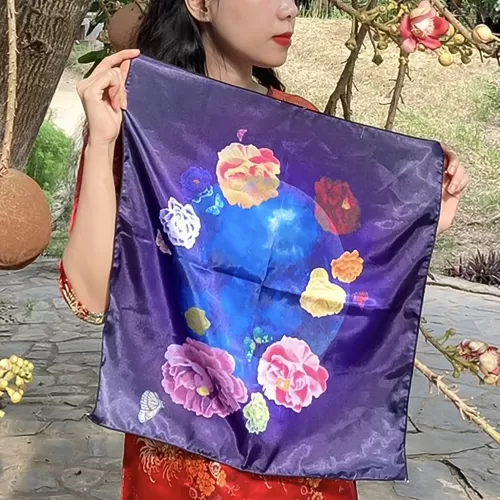 khăn lụa mặt trăng, khăn choàng lụa satin, khăn lụa in cao cấp, khăn bandana, khăn họa tiết nữ tính, khăn lụa màu tím