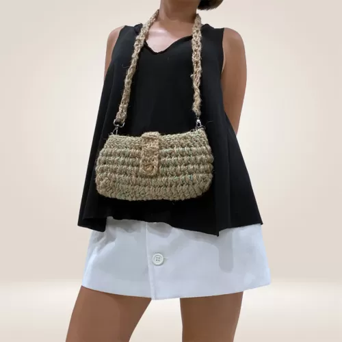 coco florets mini bag, teal color with mixed yarn, coconut and mixed fiber material, stylish fashion, attractive color
