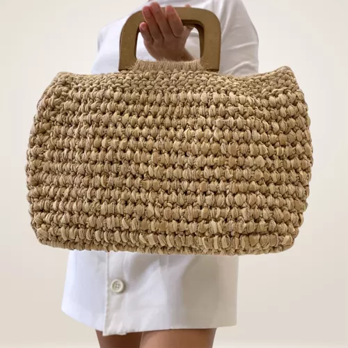 beige raffia cosmo florets tote, square holder, environmentally friendly material, sustainable quality, sophisticated style