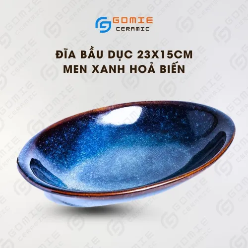 Đĩa Bầu Dục Men Xanh Hỏa Biến, 23 x 15cm, Vẻ Huyền Bí Đầy Mê Hoặc, Đĩa Bầu Dục Lớn, Gốm Sứ Bát Tràng, Đĩa Gốm Cao Cấp, Gốm Gia Dụng