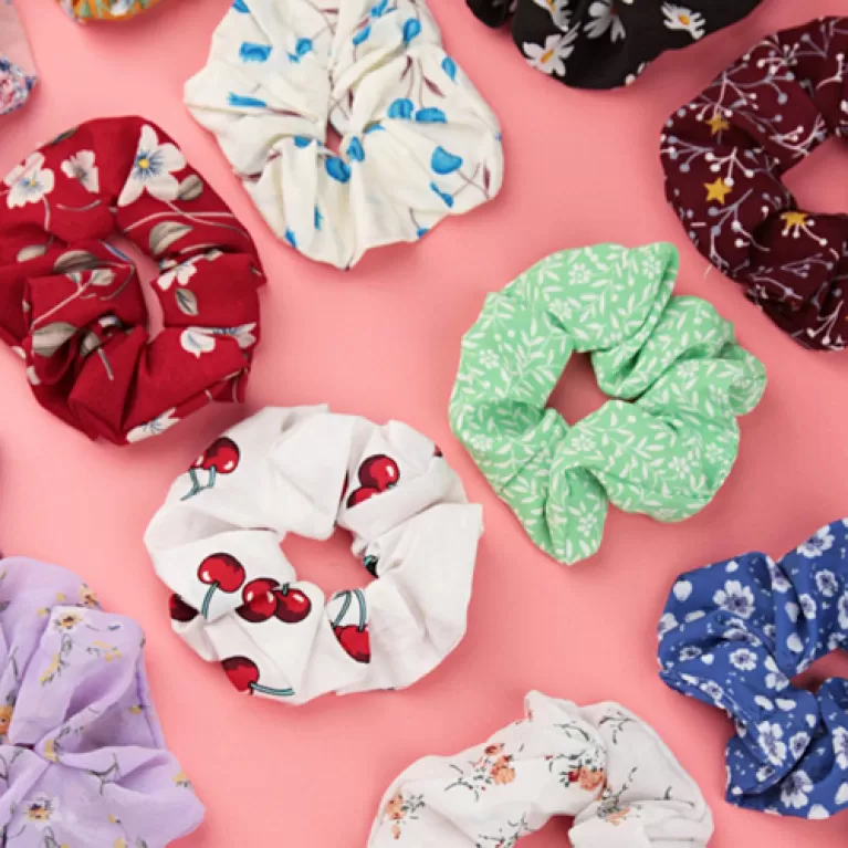 random recycled scrunchies, cute patterns, for hair tying or wrist accessories, perfect gift for sweet and feminine girls