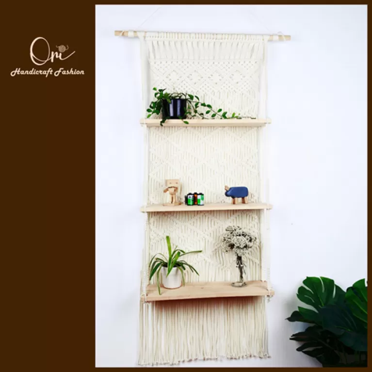 three-tier hanging macrame shelf, sturdy pine wood frame, elegant design, organize items neatly, space-saving, home decoration