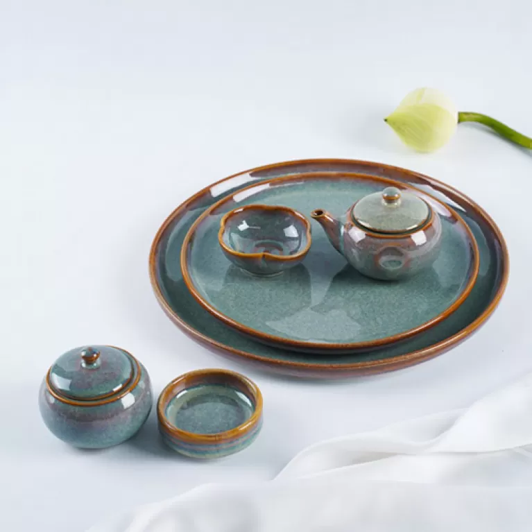 bộ 6 món bằng gốm sứ (đĩa, chén chấm, hũ đựng tương, hũ đựng ớt), bst wattle green, gốm đông gia, chus