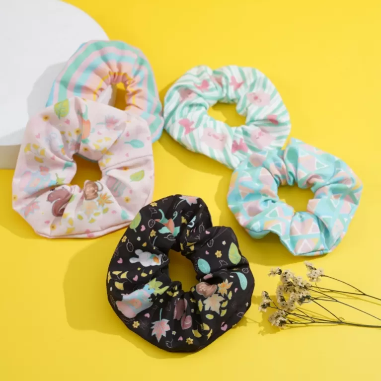 scrunchie with lovely illustrations, pretty patterns, gentle colors, feminine style, non-damaging to hair