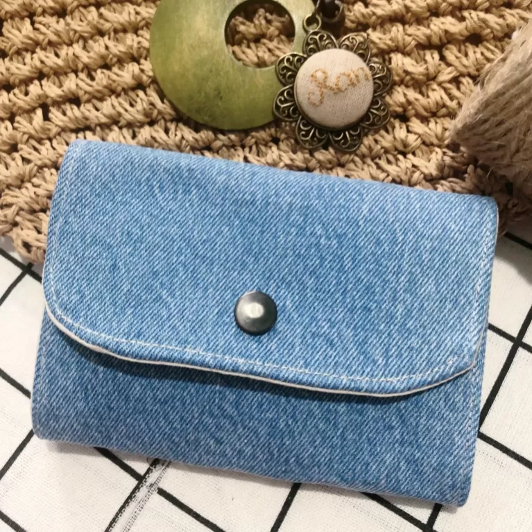 mini handmade denim fabric wallet, thick and durable denim material, 3 convenient compartments, simple and elegant design