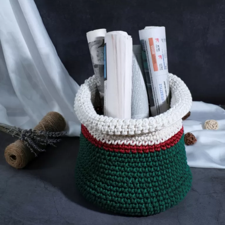 green, red and white crochet cotton basket, handcrafted crochet fiber basket, eye-catching color, storing items, home decor accessory