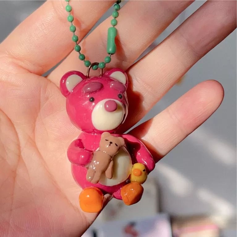 lotso bear, handmade clay keychain, handmade clay keychain, vibrant colors, adorable design, high durability, cute decorative accessory