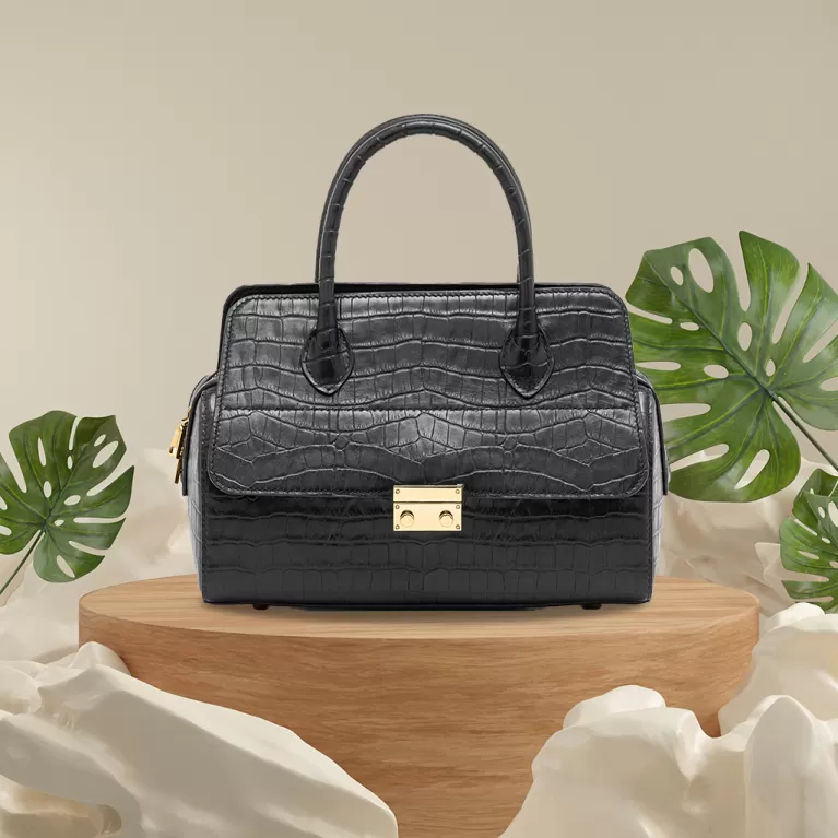 black bianca crocodile embossed leather bag, high-quality genuine leather material, timeless design, elegant accessory, fashionable style