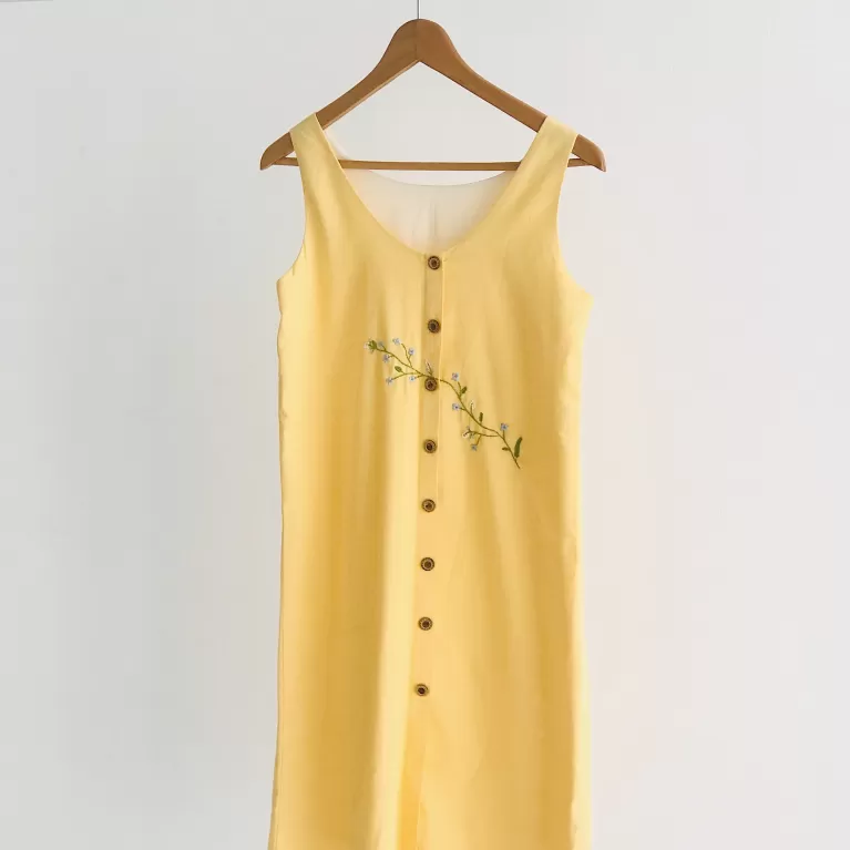 linen button dress with floral embroidery, youthful and feminine style, bright and colorfast colors, lightweight material