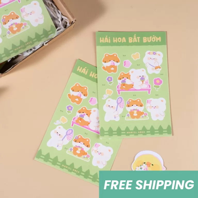 sticker hái hoa bắt bướm, sticker ngộ nghĩnh đáng yêu, hình dán trang trí sổ tay, sticker dán điện thoại, quà tặng đáng yêu