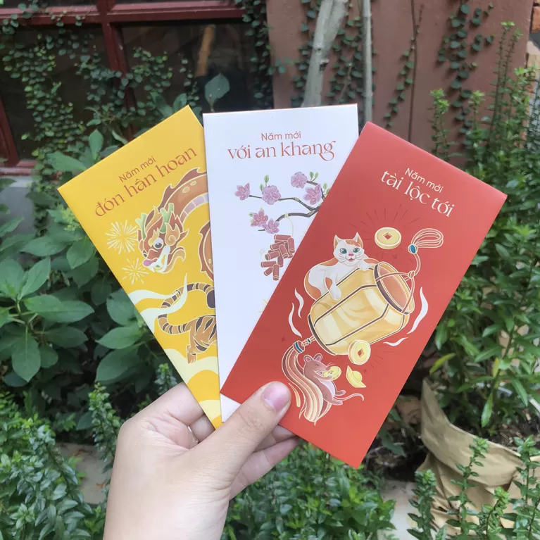 “năm mới", a set of 6 red envelopes with a creative and unique design, eye-catching colors, vietnamese tradition, conveying good wishes