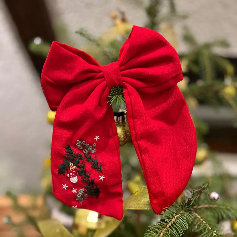 christmas tree branch embroidered linen bow hair tie, vibrant red tone, exquisite hand-embroidered pattern, a gift for stylish girls