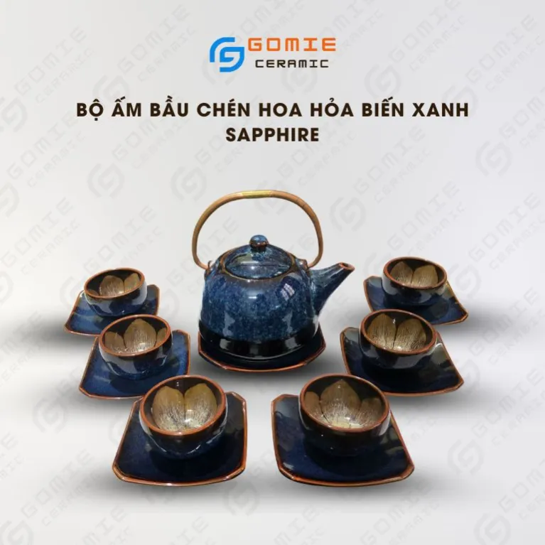 Bộ Ấm Bầu Chén Hoa Men Xanh Sapphire Hỏa Biến, Gốm Sứ Cao Cấp Bát Tràng, Đường Nét Thanh Lịch, Ấm Trà Gốm, Bình Trà Gốm Sứ, Quà Tân Gia Tinh Tế